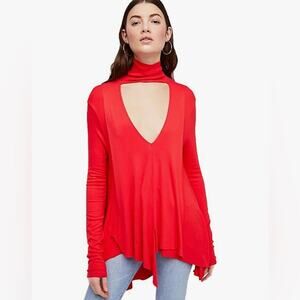 Free People Uptown Turtleneck Sweater Top Red choker cutout asymmetric hem tunic